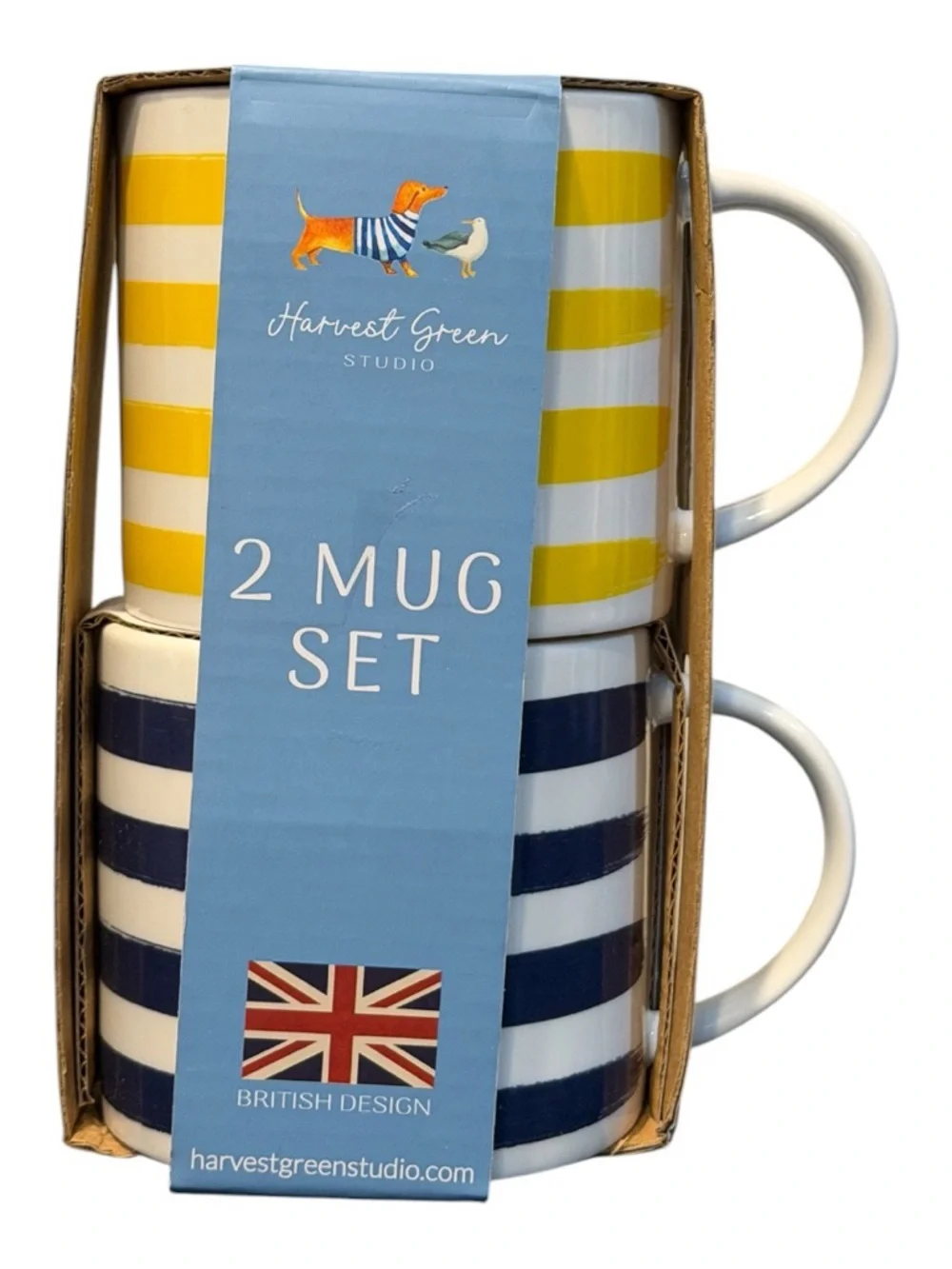 Harvest Green Studio 2 Mug Set Striped Ceramic Coffee Cups British Design - Picture 3 of 5